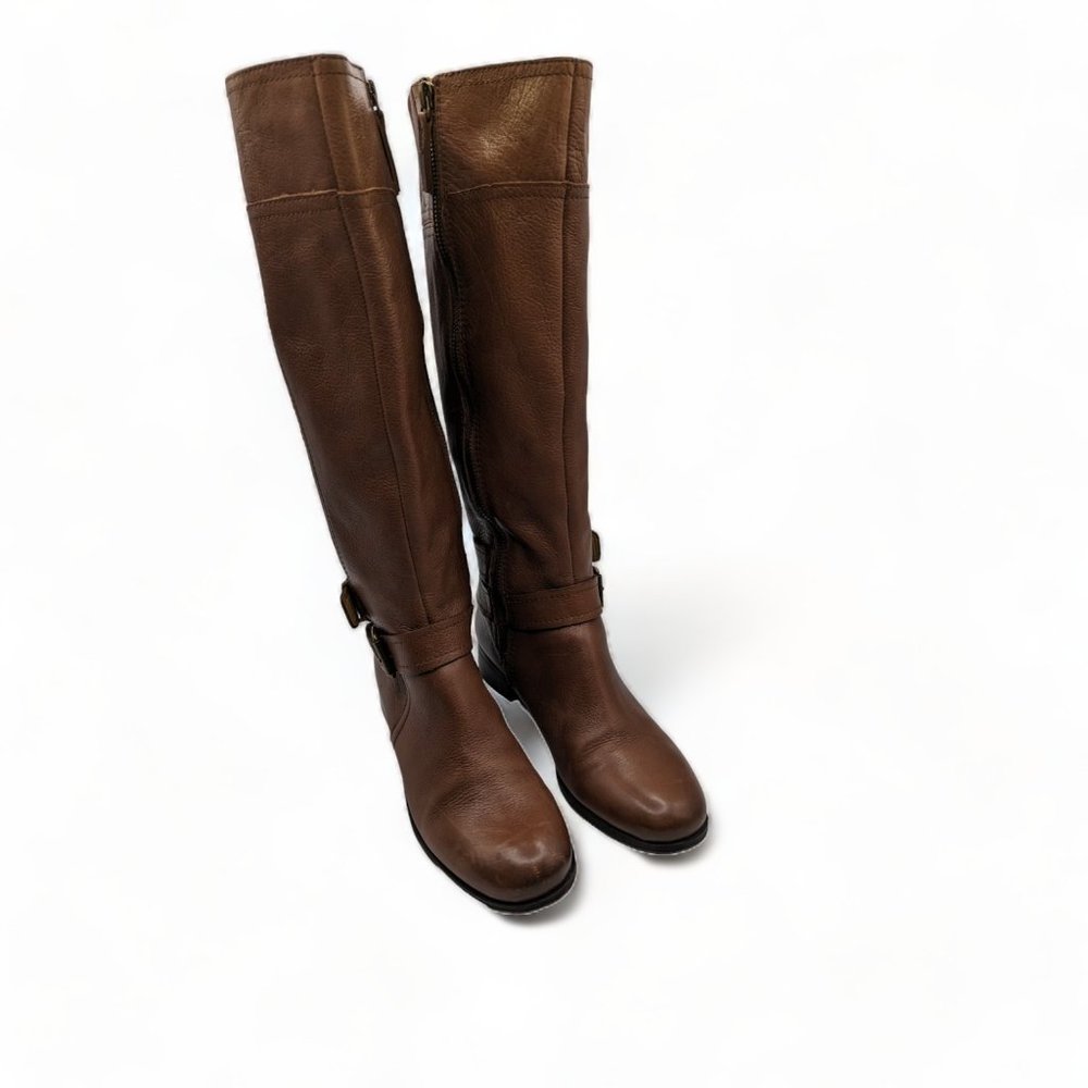 Nine West DK Natural Brown Pebble Leather Tall Full Zip Boots Shoes 6.5 - Picture 12 of 14